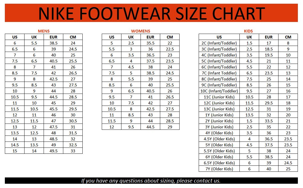 nike air max shoe size chart 